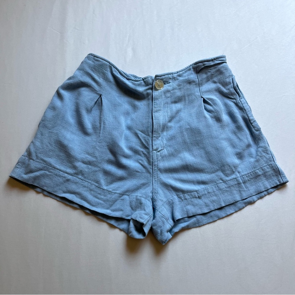 ORIMONO blue viscose linen blend elastic waist high rise pleated front shorts